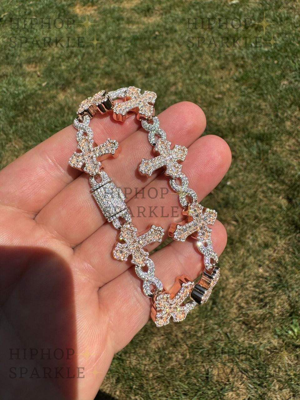 MOISSANITE Eternity Gothic Cross Link Bracelet Iced Out - 14k Rose Gold Vermeil & 925 Silver - 20mm