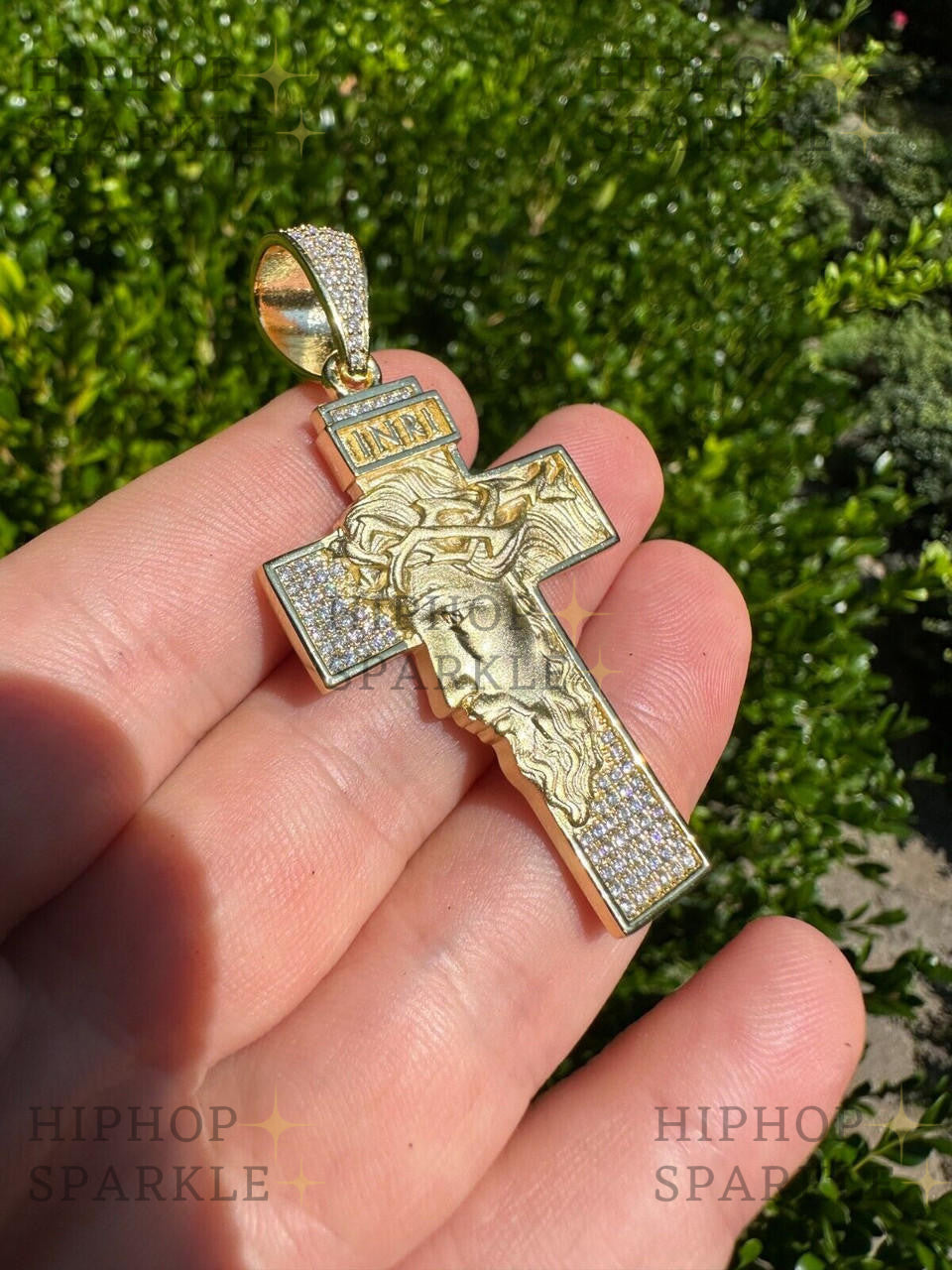 Moissanite Jesus Face On Cross Pendant - 14k Yellow/Rose Gold Vermeil & 925 Silver