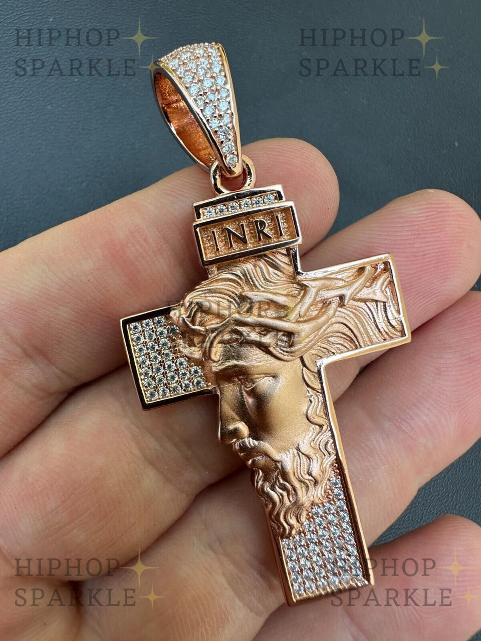 Moissanite Jesus Face On Cross Pendant - 14k Yellow/Rose Gold Vermeil & 925 Silver