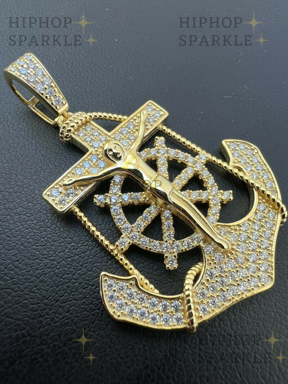 Moissanite Jesus Anchor Crucifix Pendant - 14k Yellow Gold Vermeil & 925 Silver