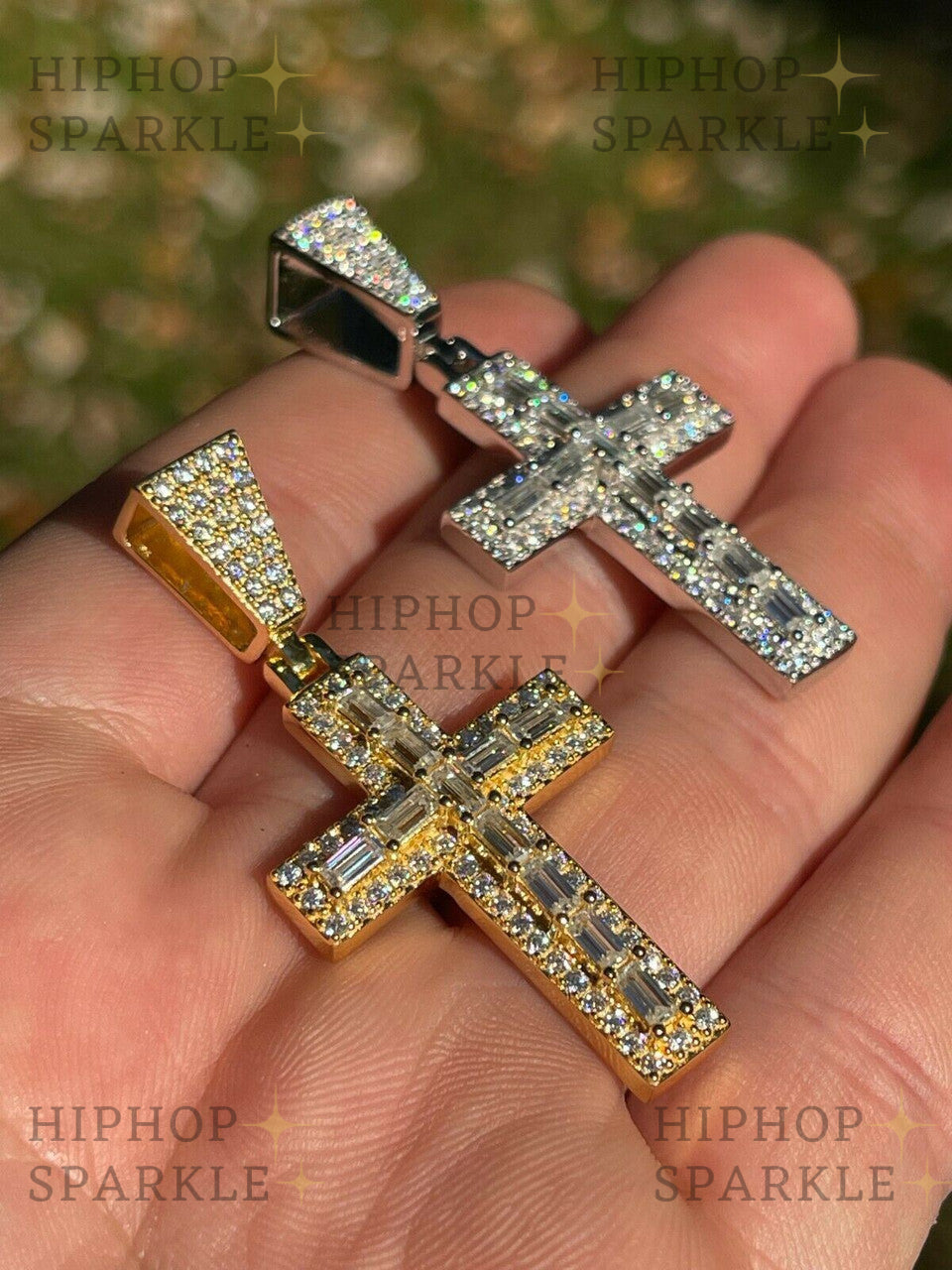 Moissanite Baguette Tennis Iced Out Cross Pendant - 14k Gold Vermeil & 925 Silver