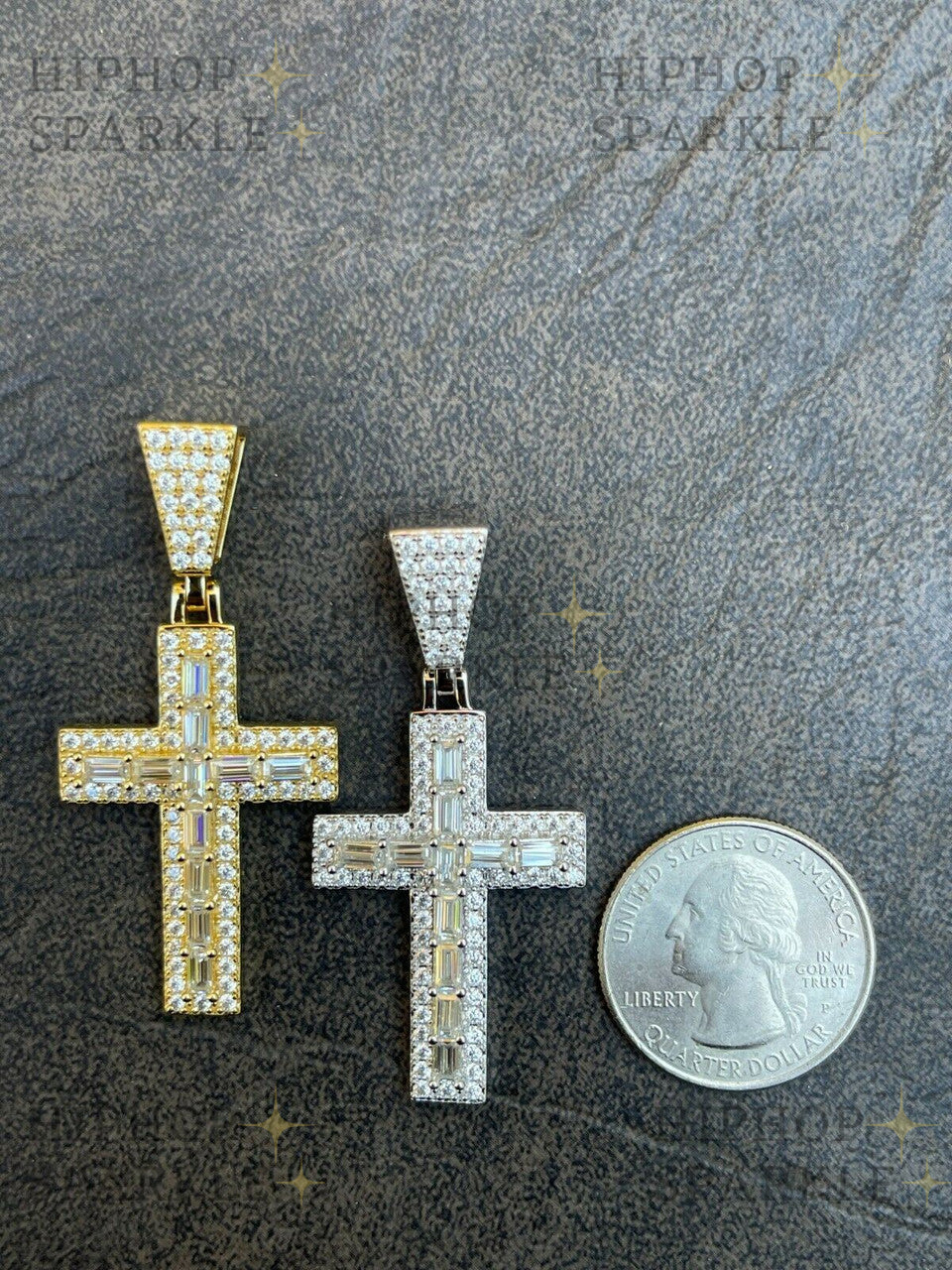 Moissanite Baguette Tennis Iced Out Cross Pendant - 14k Gold Vermeil & 925 Silver