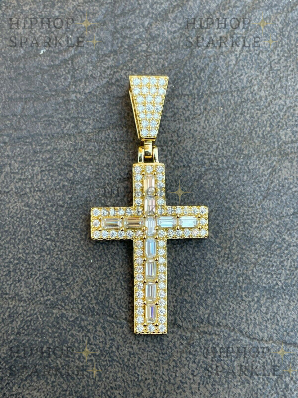 Moissanite Baguette Tennis Iced Out Cross Pendant - 14k Gold Vermeil & 925 Silver