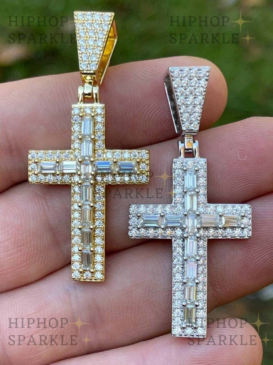 Moissanite Baguette Tennis Iced Out Cross Pendant - 14k Gold Vermeil & 925 Silver