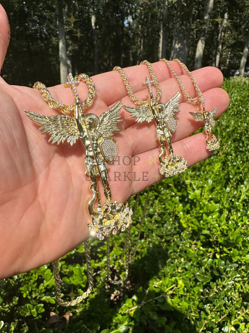 Moissanite Saint St. Michael Slaying Dragon Archangel Pendant - 14k Gold Vermeil & 925 Silver