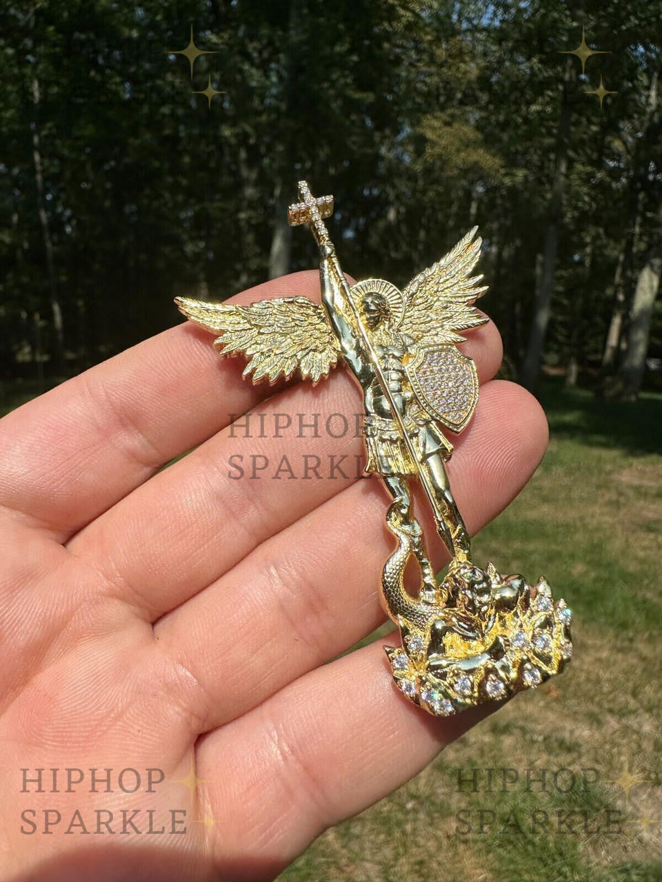 Moissanite Saint St. Michael Slaying Dragon Archangel Pendant - 14k Gold Vermeil & 925 Silver