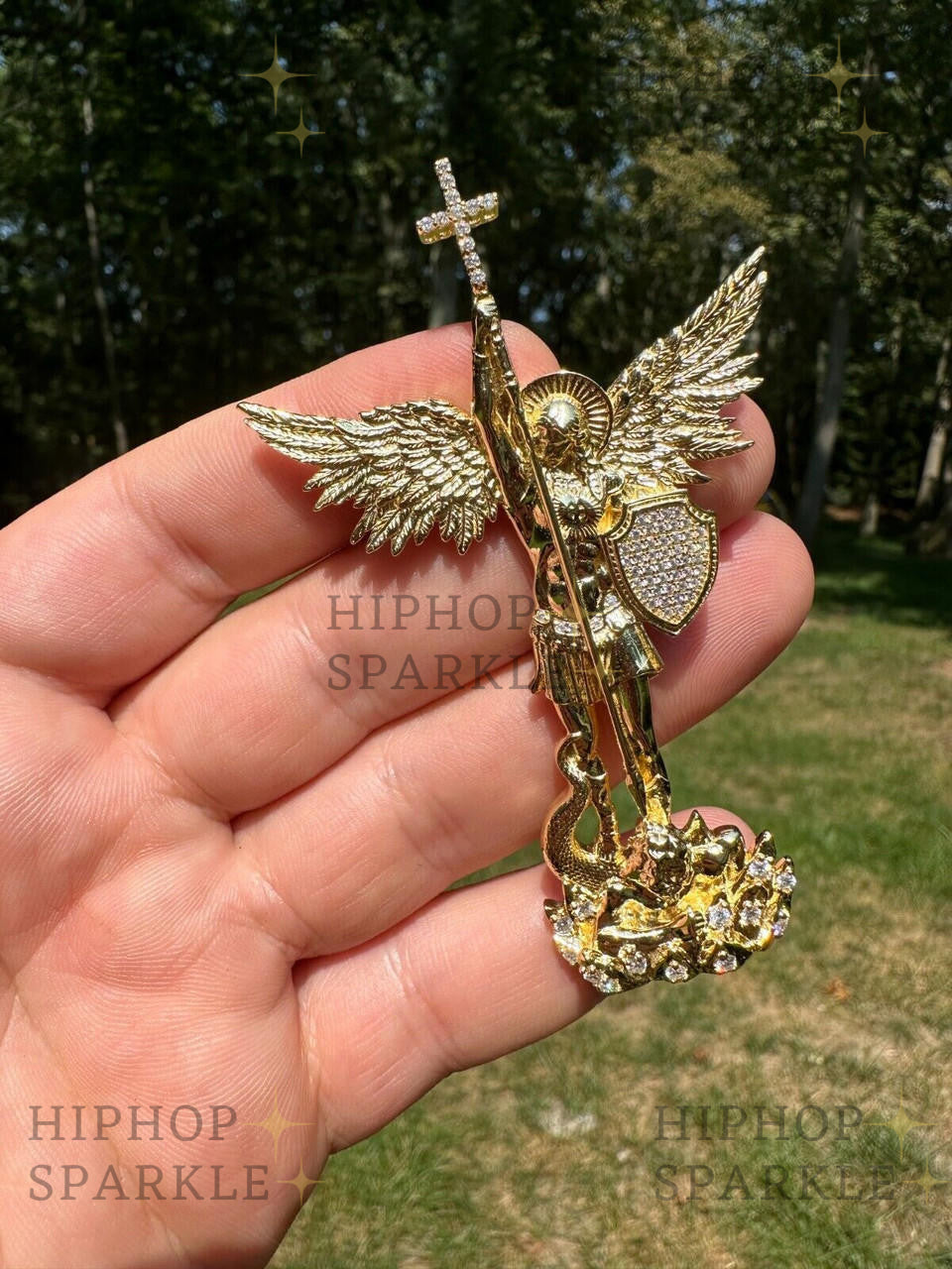 Moissanite Saint St. Michael Slaying Dragon Archangel Pendant - 14k Gold Vermeil & 925 Silver