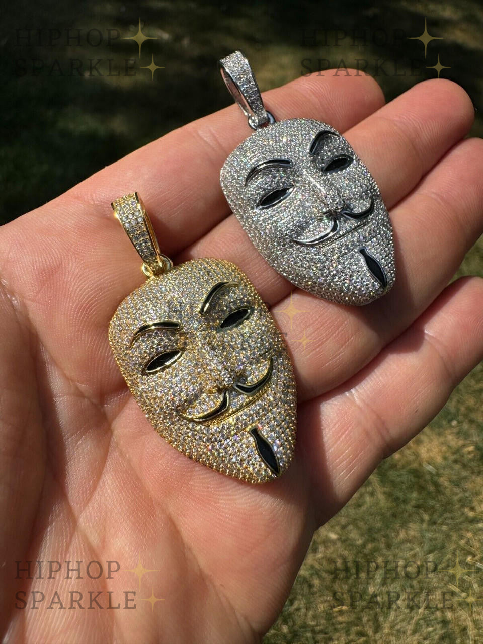 Moissanite Anonymous Vendetta Mask Iced Out Pendant - 14k Gold Vermeil & 925 Silver