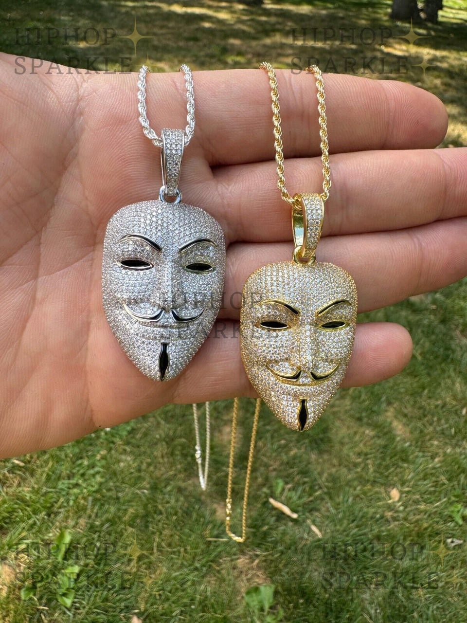 Moissanite Anonymous Vendetta Mask Iced Out Pendant - 14k Gold Vermeil & 925 Silver