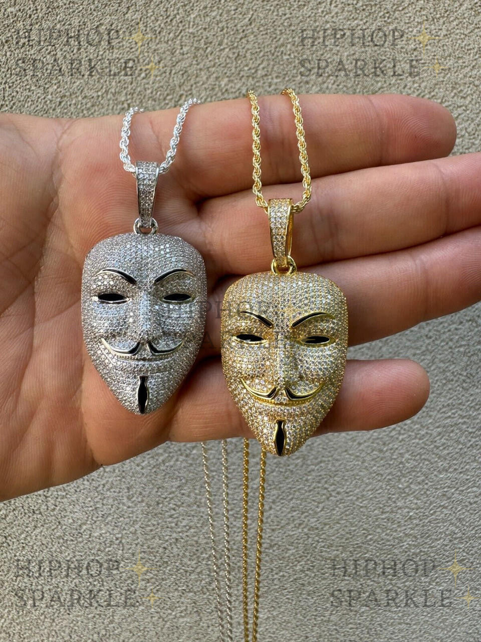 Moissanite Anonymous Vendetta Mask Iced Out Pendant - 14k Gold Vermeil & 925 Silver