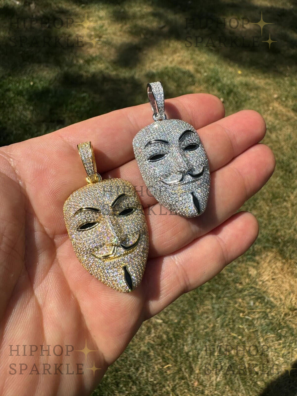 Moissanite Anonymous Vendetta Mask Iced Out Pendant - 14k Gold Vermeil & 925 Silver