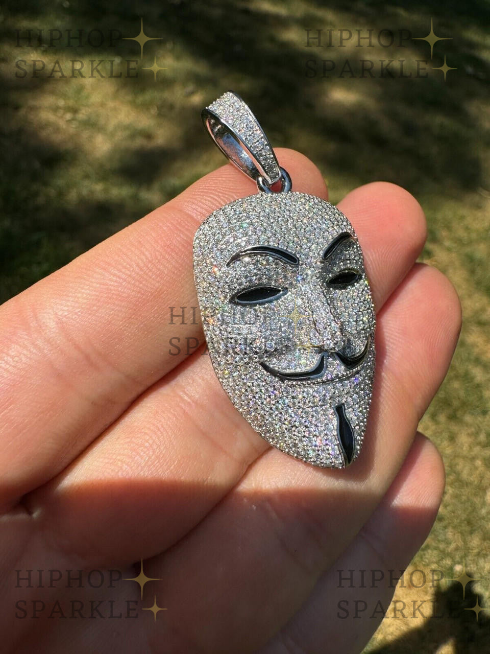 Moissanite Anonymous Vendetta Mask Iced Out Pendant - 14k Gold Vermeil & 925 Silver