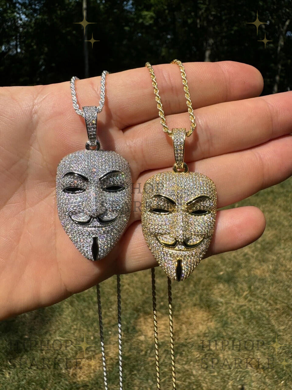 Moissanite Anonymous Vendetta Mask Iced Out Pendant - 14k Gold Vermeil & 925 Silver