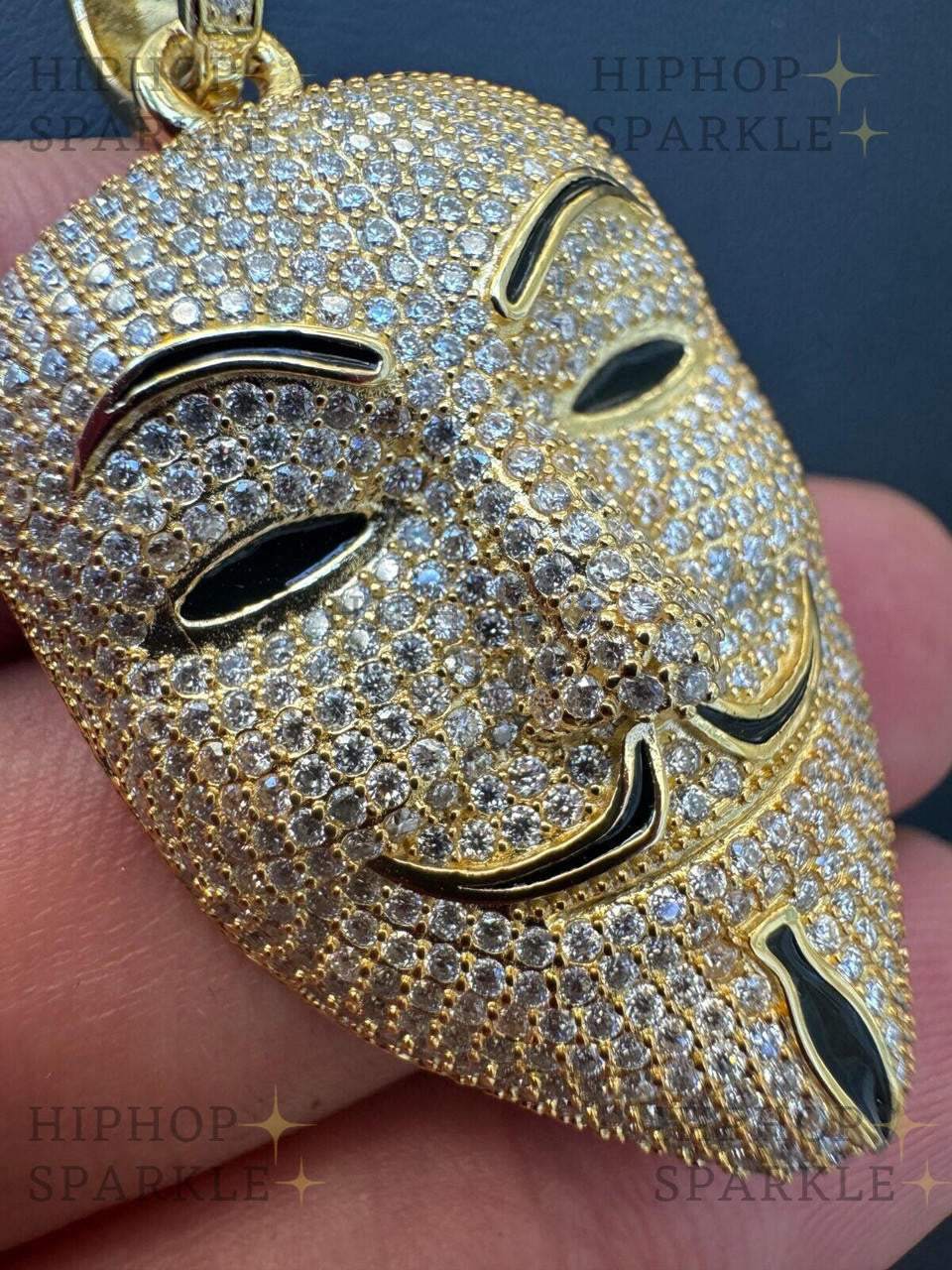 Moissanite Anonymous Vendetta Mask Iced Out Pendant - 14k Gold Vermeil & 925 Silver