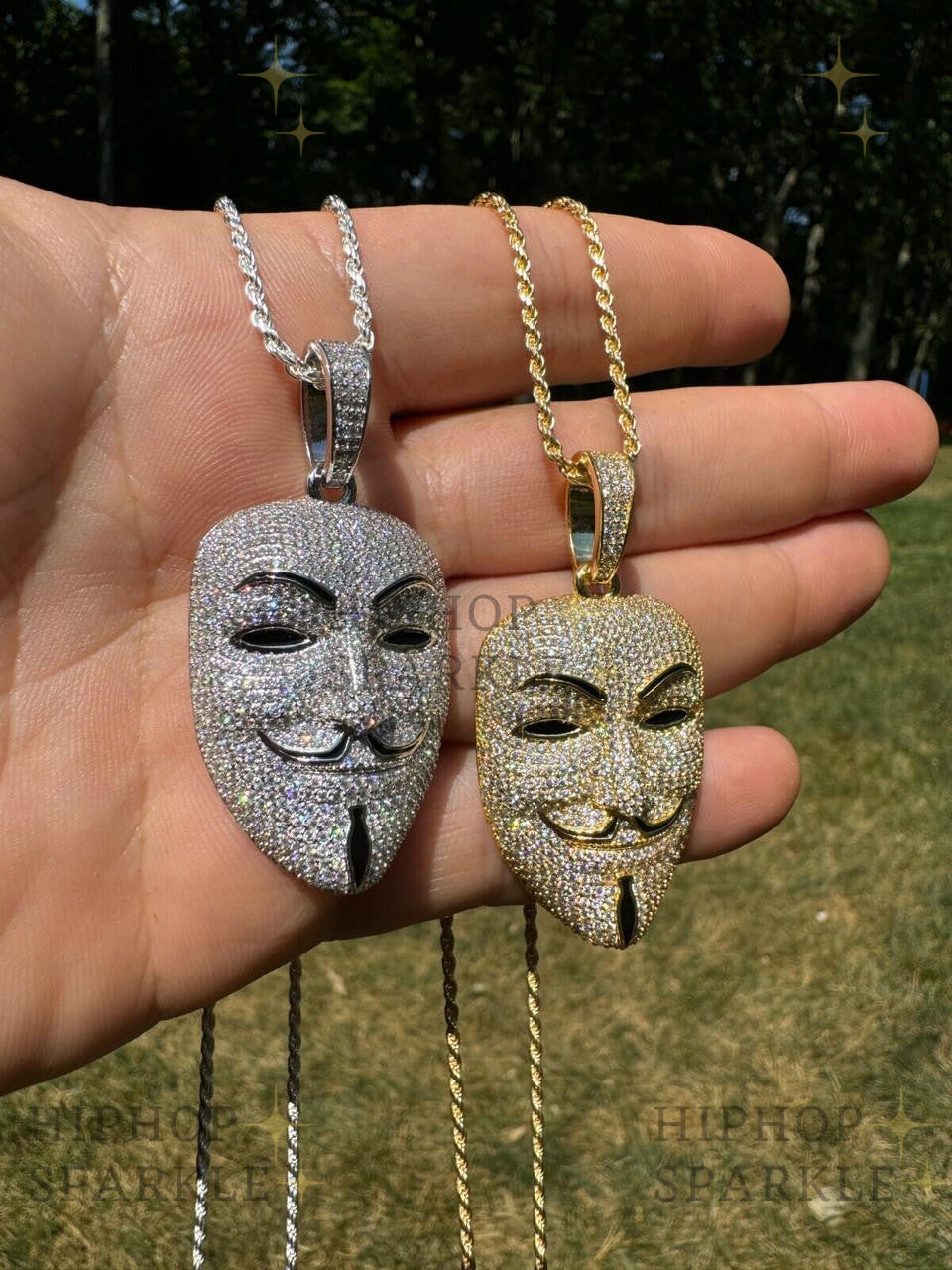 Moissanite Anonymous Vendetta Mask Iced Out Pendant - 14k Gold Vermeil & 925 Silver