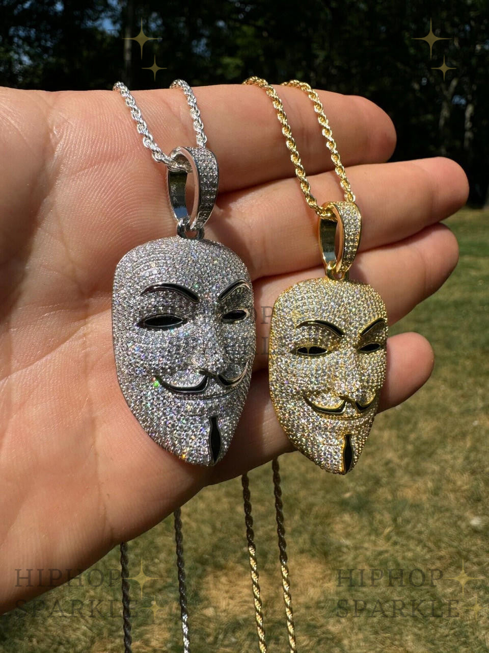 Moissanite Anonymous Vendetta Mask Iced Out Pendant - 14k Gold Vermeil & 925 Silver