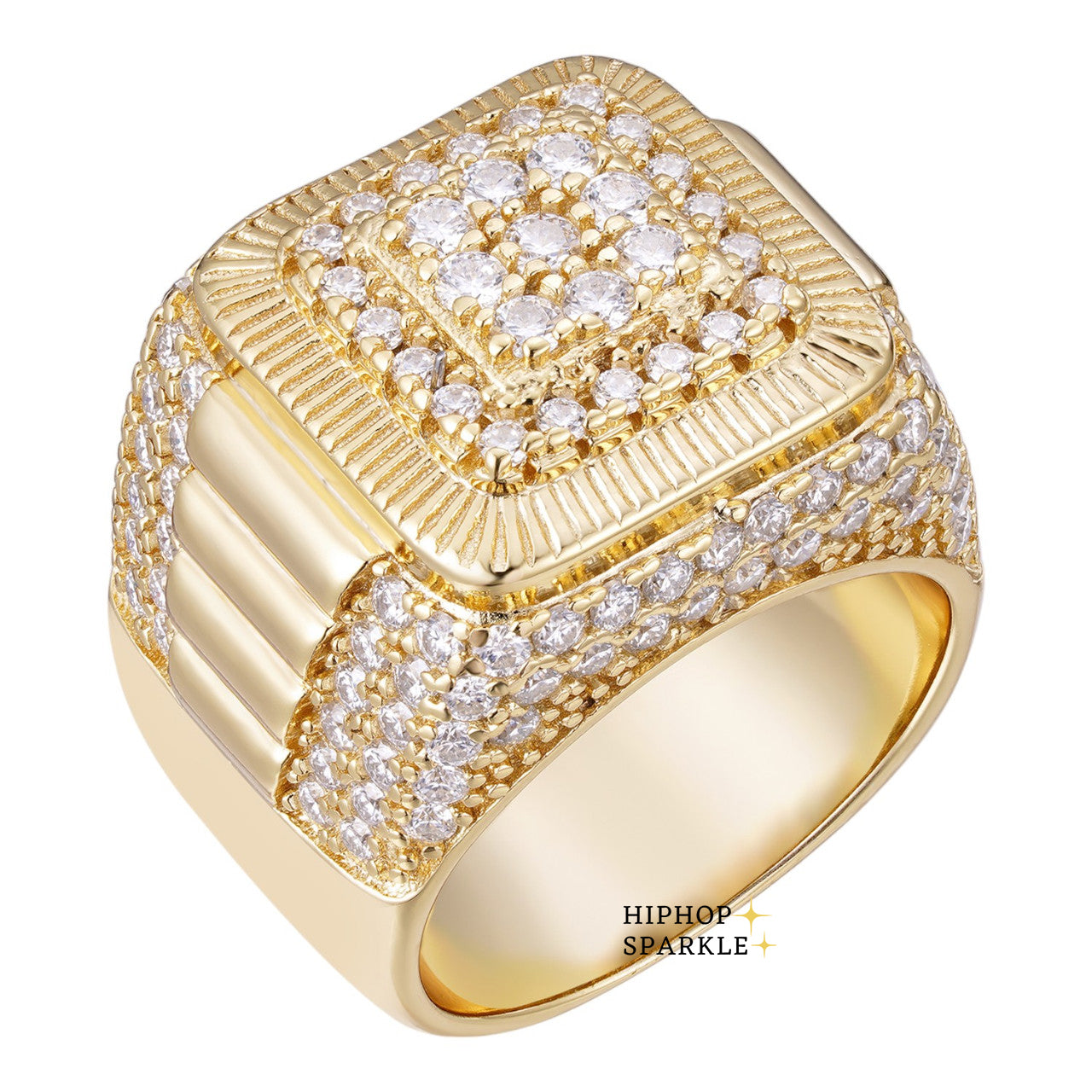 Moissanite Bold Square Iced Ring – 925 Silver with 14k Yellow Gold Vermeil