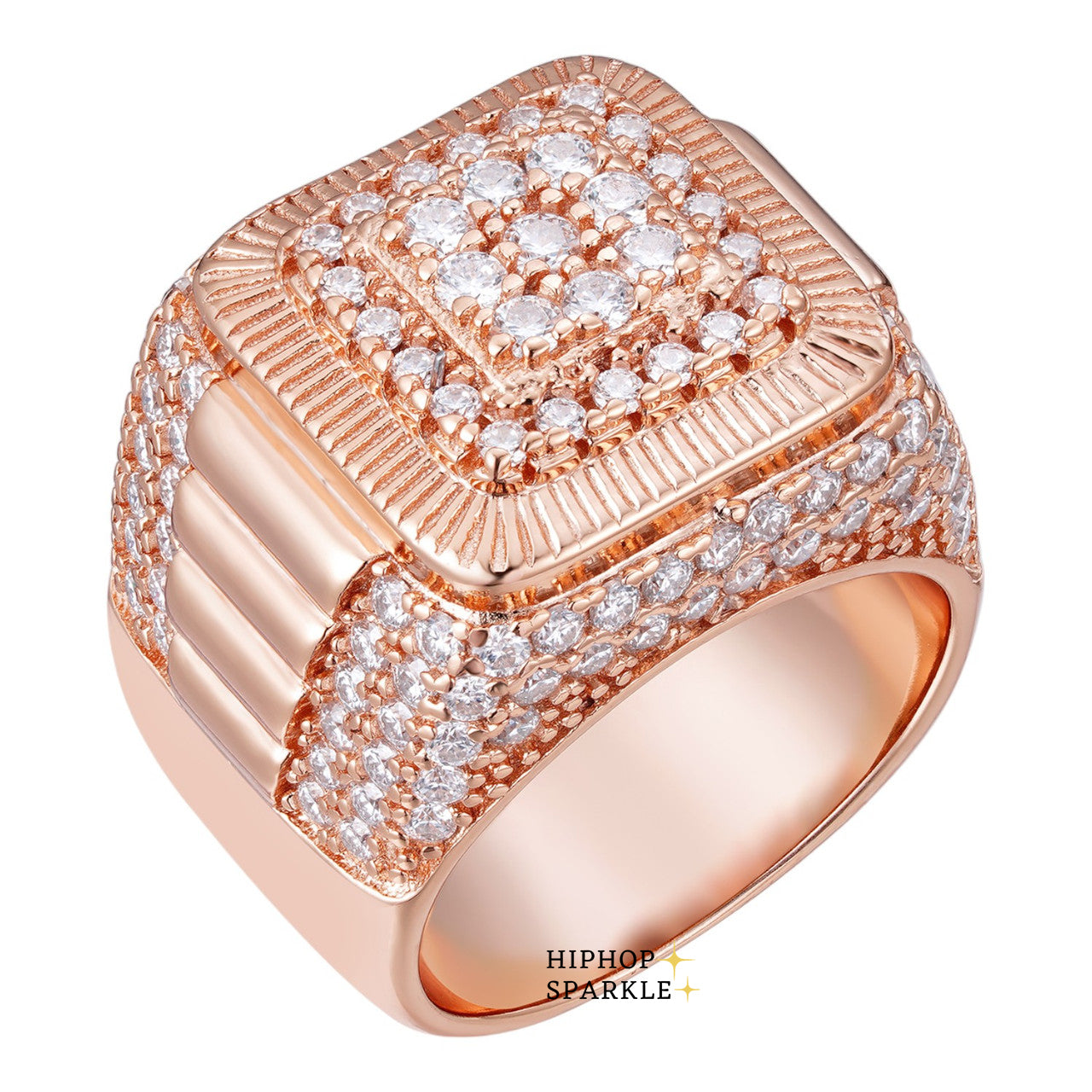 Glamorous Moissanite Heavy Square Ring – Iced Out Rose Gold Vermeil & Silver