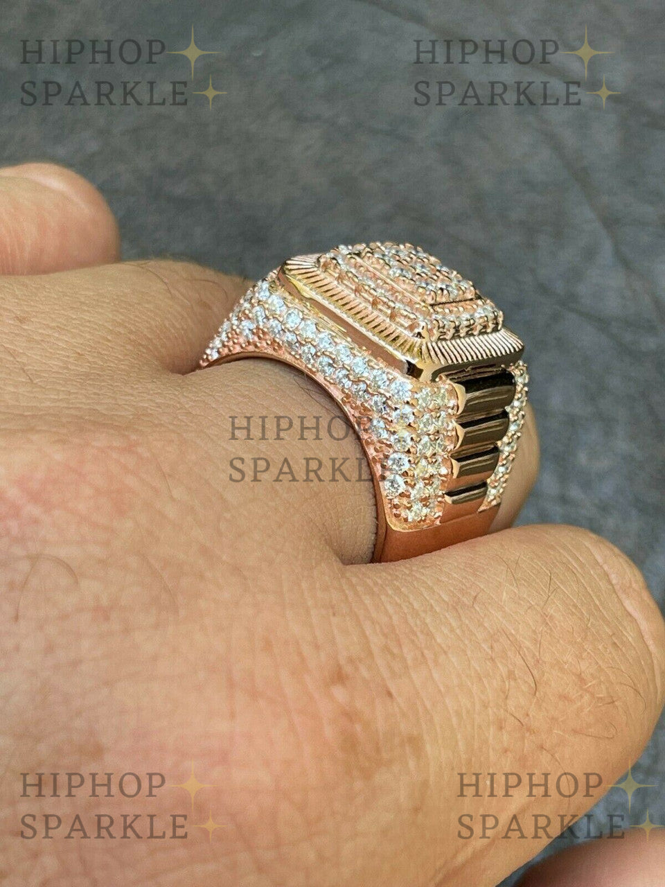 Glamorous Moissanite Heavy Square Ring – Iced Out Rose Gold Vermeil & Silver