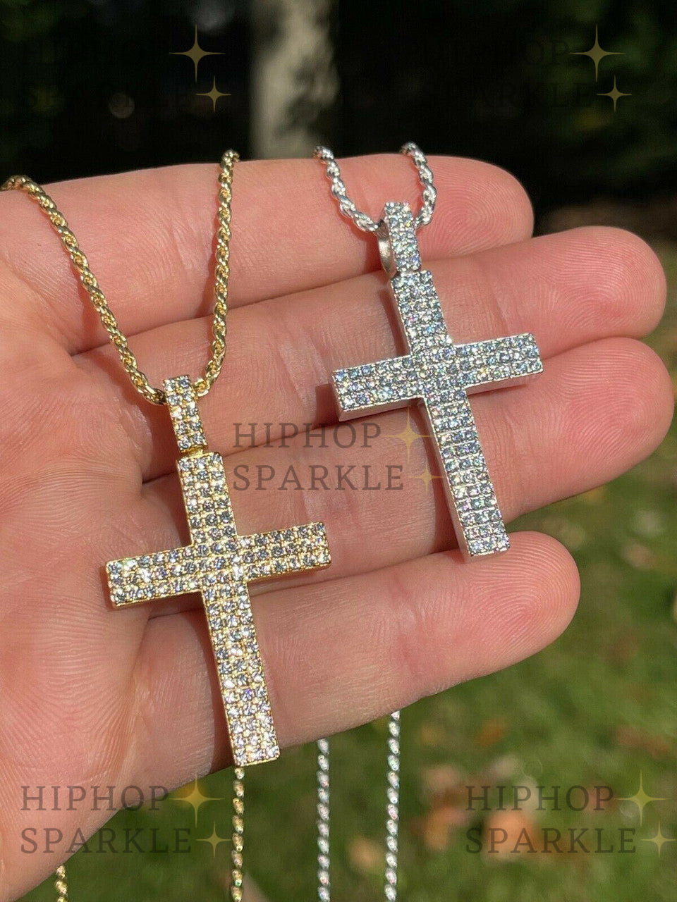 Moissanite Prong Set Iced Out Cross Pendant - 14k Gold Vermeil or 925 Silver