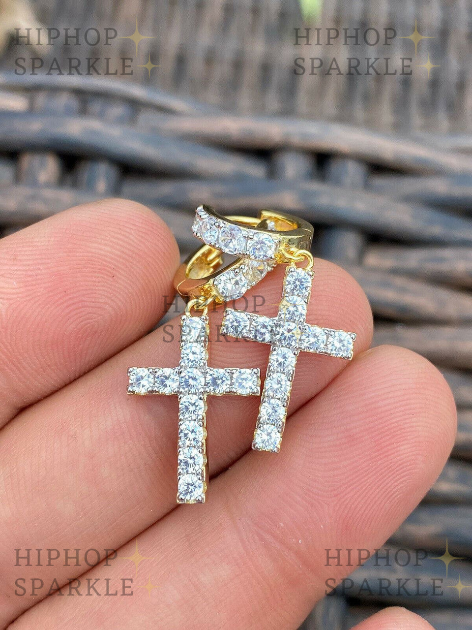 Moissanite Dangling Cross Iced Out Earrings Dangle Hoop - 14k Gold Vermeil & 925 Silver