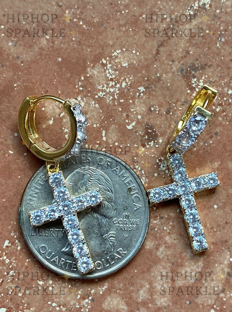 Moissanite Dangling Cross Iced Out Earrings Dangle Hoop - 14k Gold Vermeil & 925 Silver