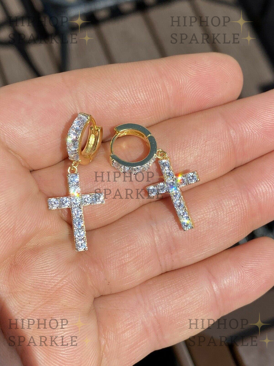 Moissanite Dangling Cross Iced Out Earrings Dangle Hoop - 14k Gold Vermeil & 925 Silver