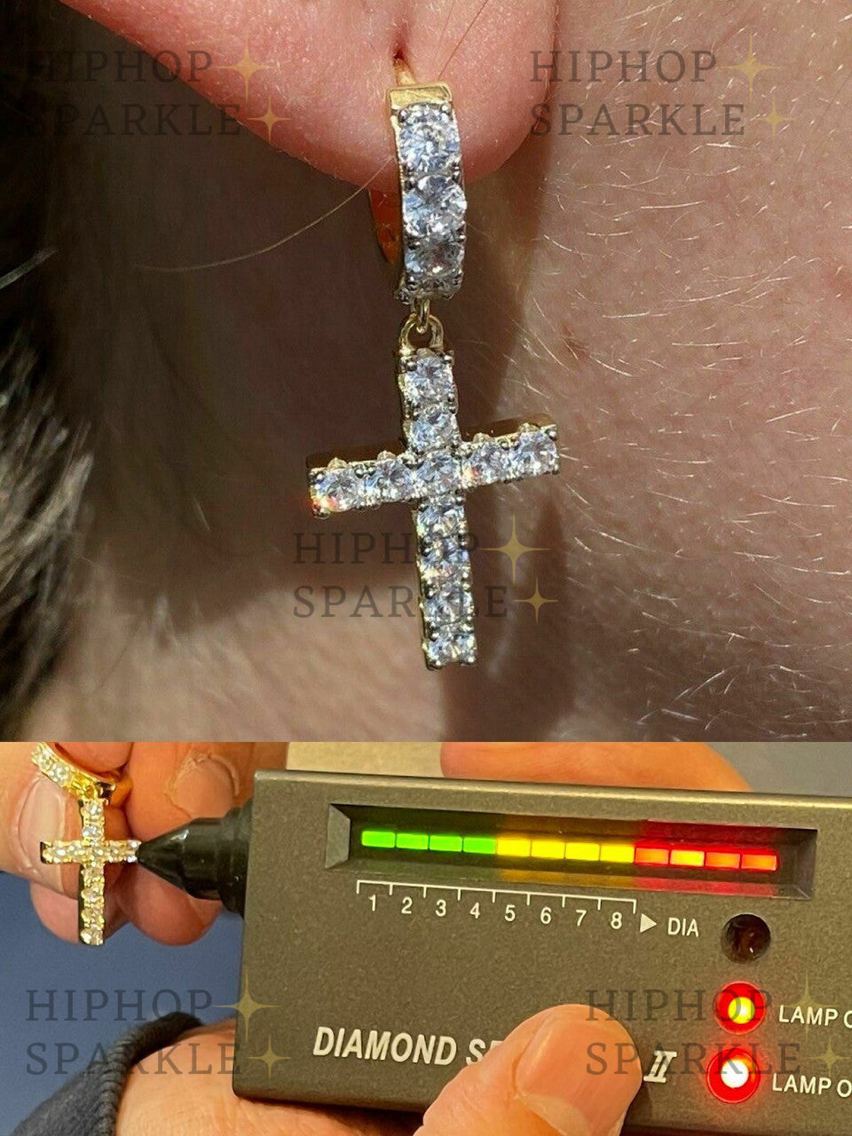 Moissanite Dangling Cross Iced Out Earrings Dangle Hoop - 14k Gold Vermeil & 925 Silver