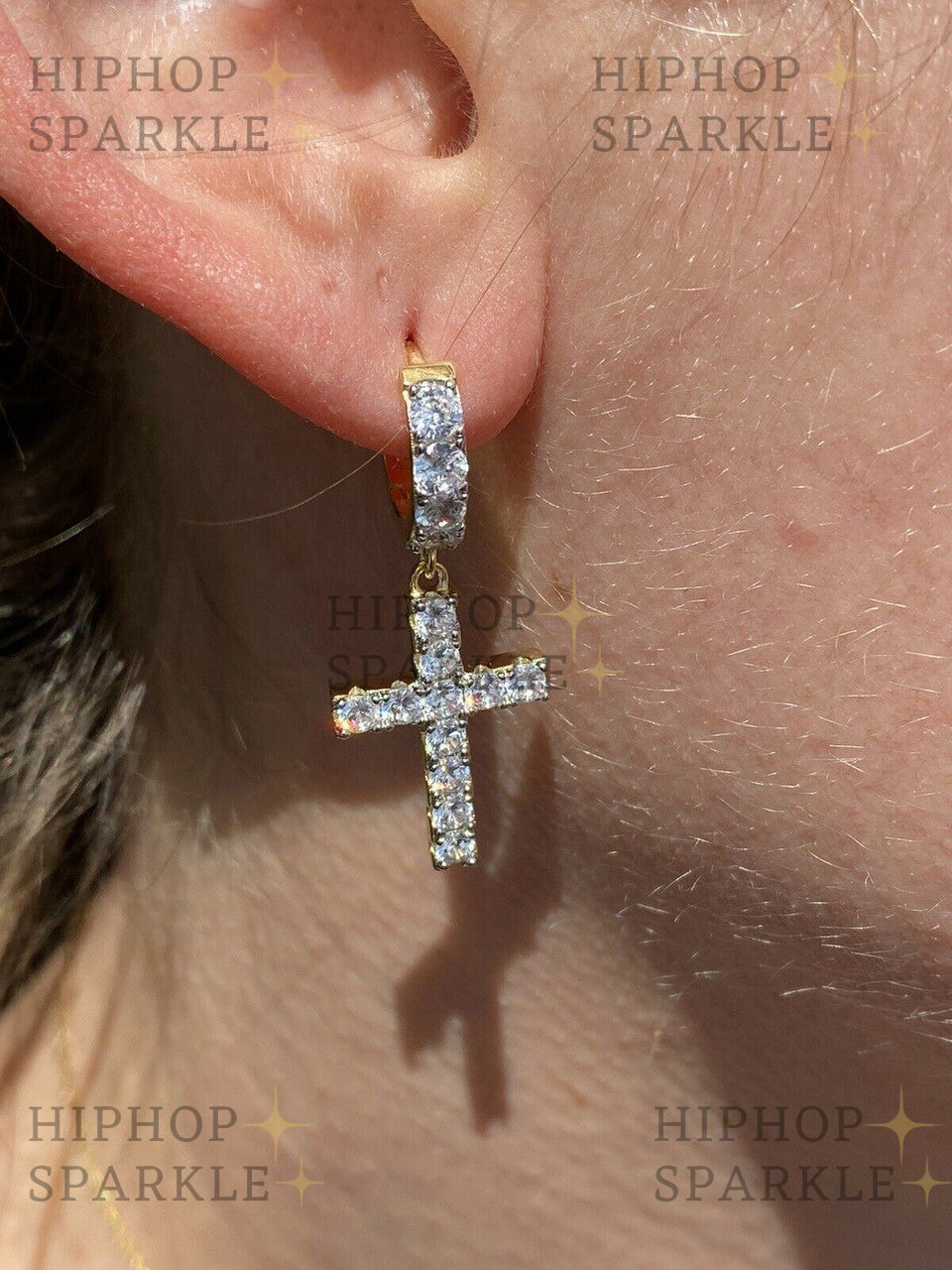 Moissanite Dangling Cross Iced Out Earrings Dangle Hoop - 14k Gold Vermeil & 925 Silver