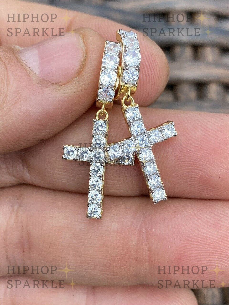 Moissanite Dangling Cross Iced Out Earrings Dangle Hoop - 14k Gold Vermeil & 925 Silver