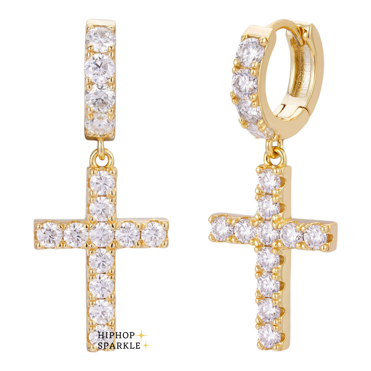 Moissanite Dangling Cross Iced Out Earrings Dangle Hoop - 14k Gold Vermeil & 925 Silver