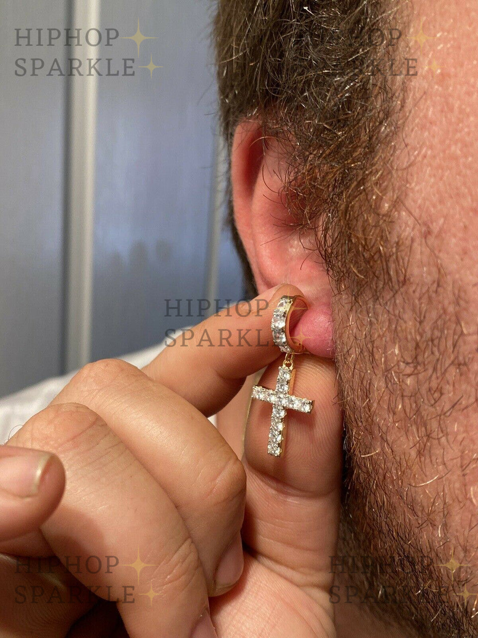 Moissanite Dangling Cross Iced Out Earrings Dangle Hoop - 14k Gold Vermeil & 925 Silver