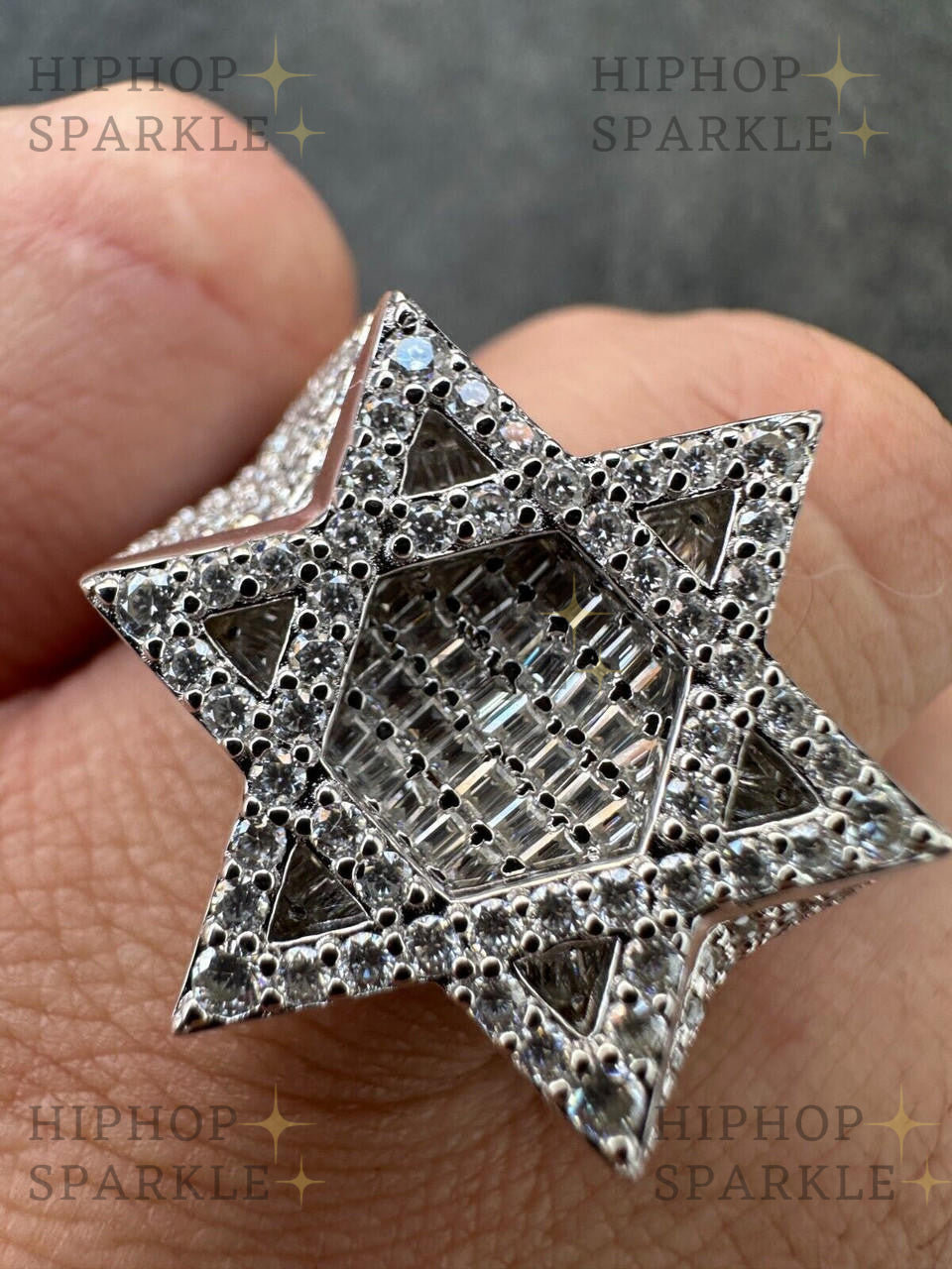 Glamorous Moissanite Star of David Ring – Iced Out Baguette 925 Silver