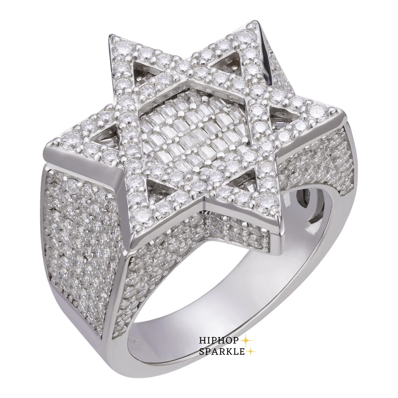 Glamorous Moissanite Star of David Ring – Iced Out Baguette 925 Silver