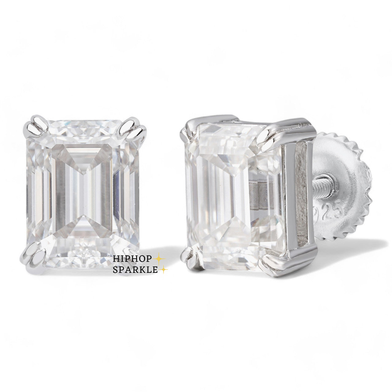 Moissanite Emerald Cut Square Solitaire Stud Earrings - 925 Silver