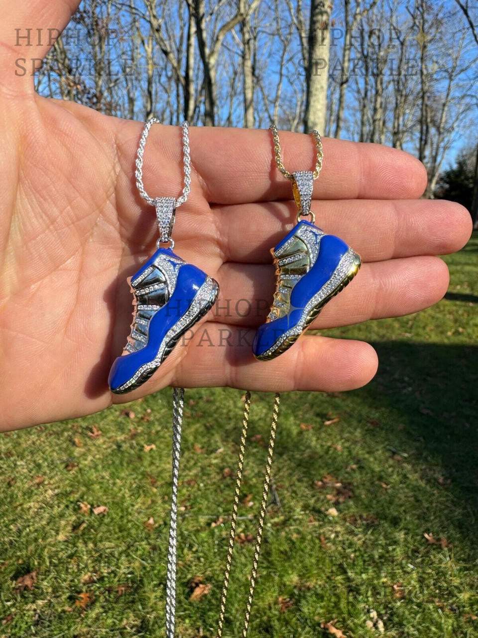 Moissanite Air Jordan 45 Blue Nike Sneaker Pendant - 14k Gold Vermeil & 925 Silver