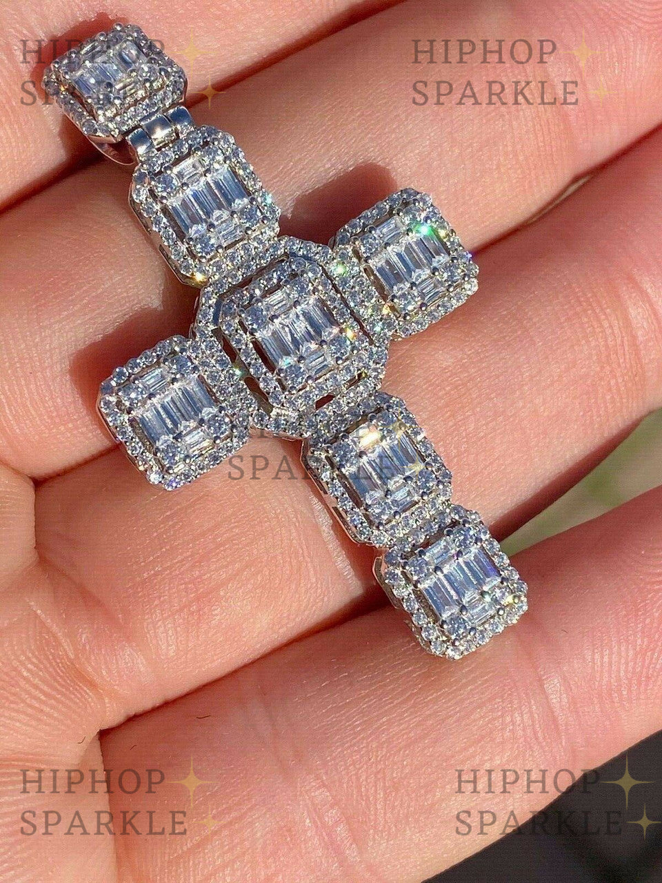 Moissanite Baguette Big Boy Iced Cross - 14k Yellow/Rose Gold Vermeil & 925 Silver