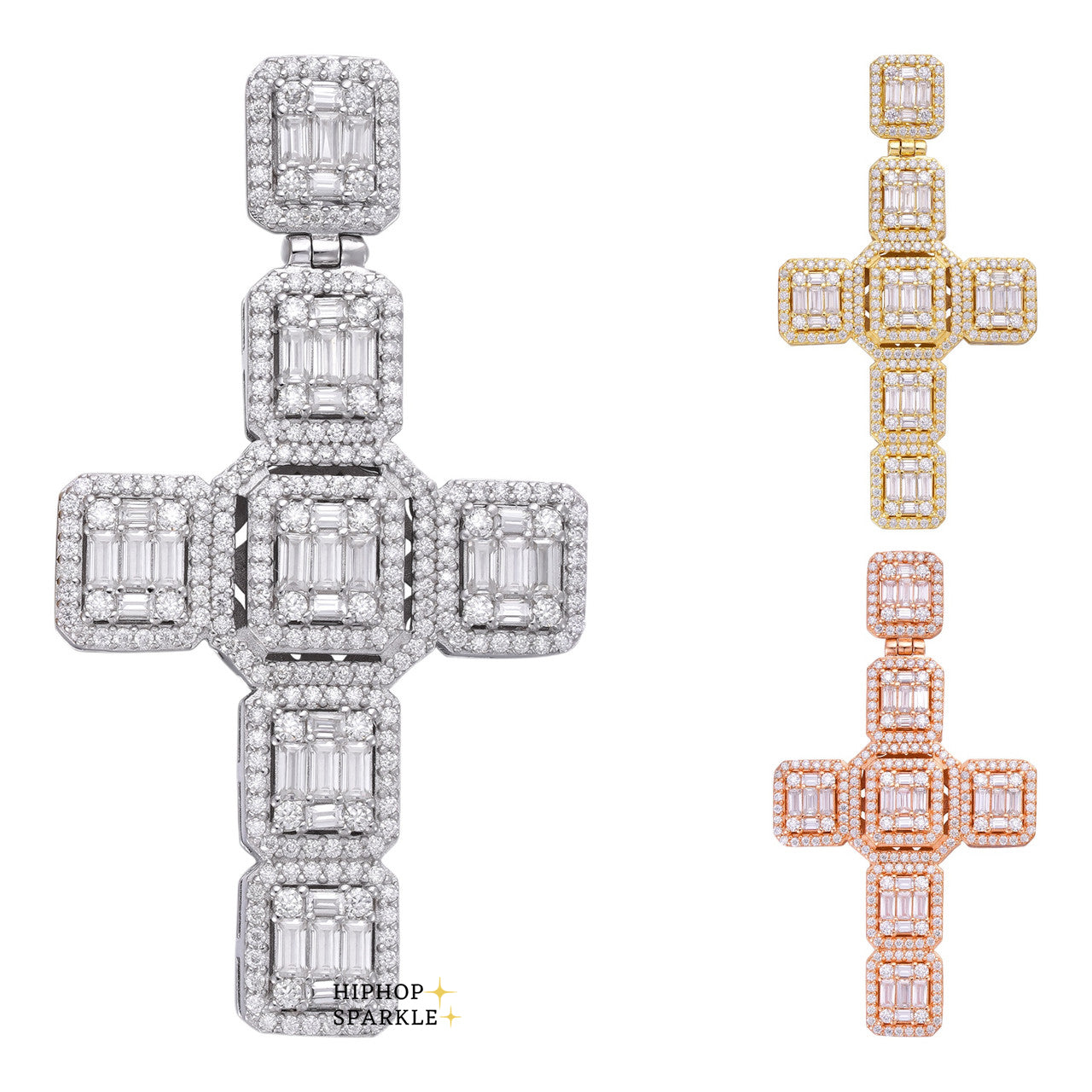 Moissanite Baguette Big Boy Iced Cross - 14k Yellow/Rose Gold Vermeil & 925 Silver