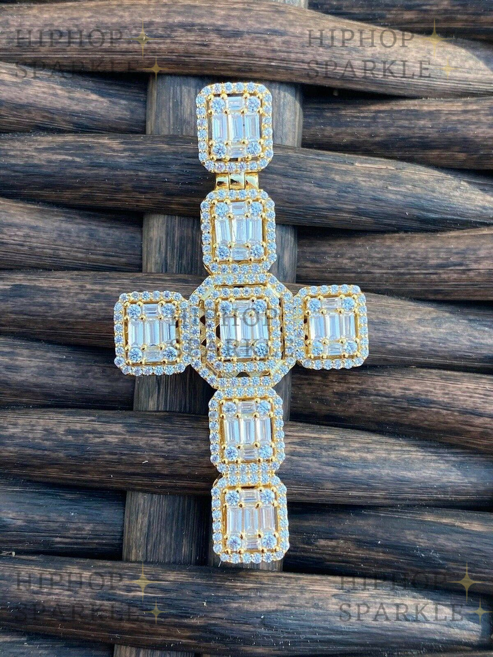 Moissanite Baguette Big Boy Iced Cross - 14k Yellow/Rose Gold Vermeil & 925 Silver