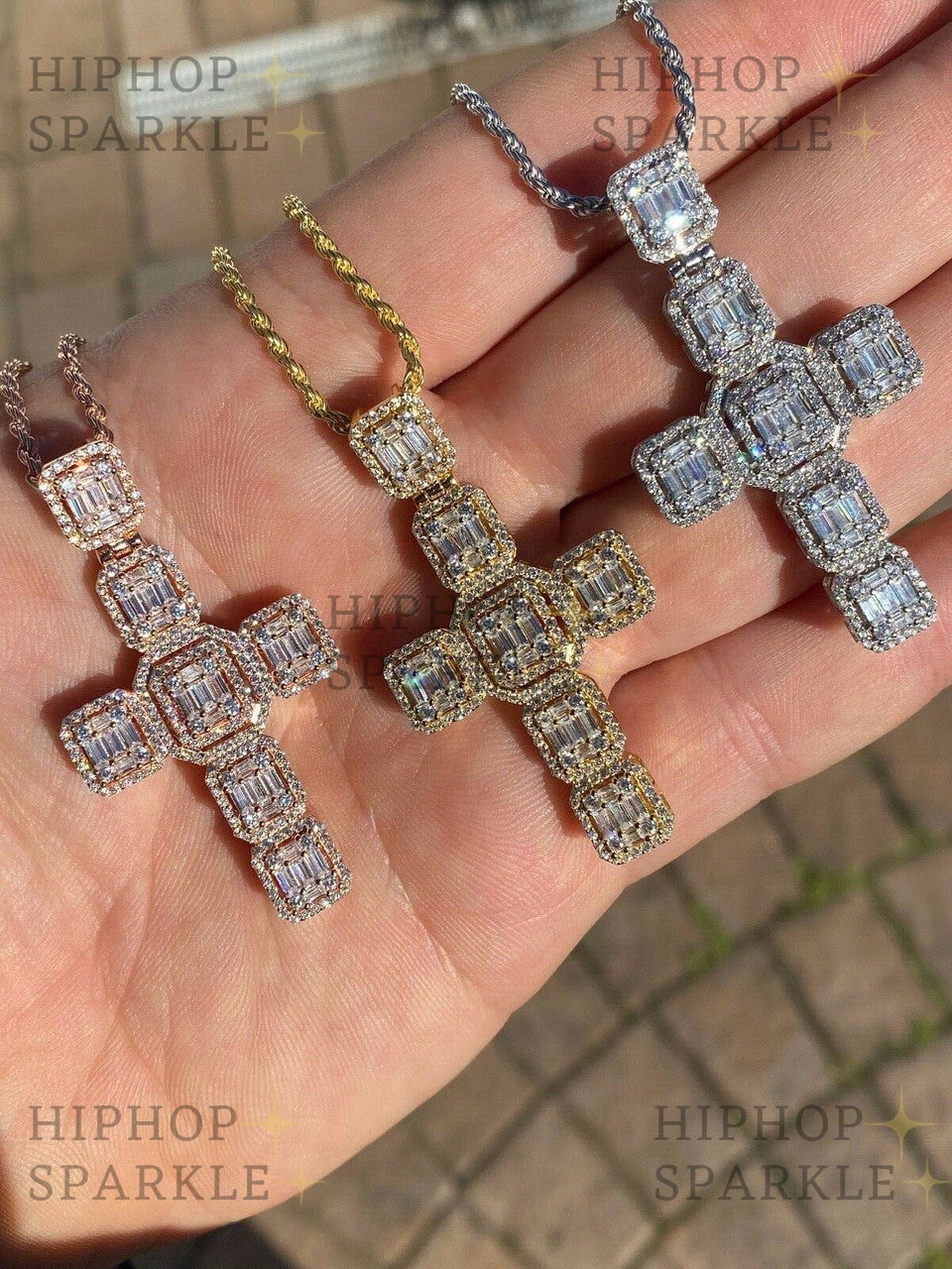 Moissanite Baguette Big Boy Iced Cross - 14k Yellow/Rose Gold Vermeil & 925 Silver