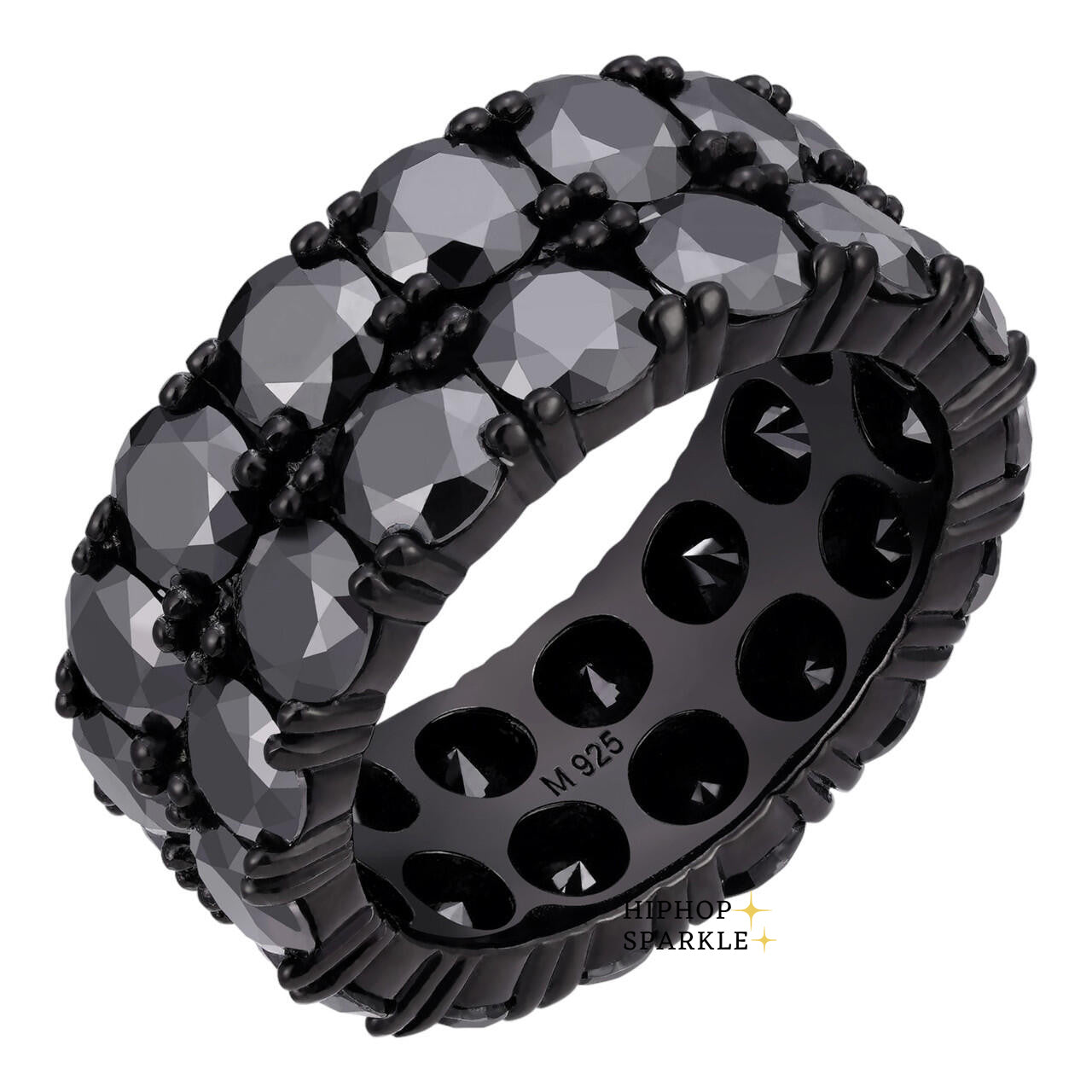 Bold Black Moissanite Double Row Eternity Ring – 925 Silver Oxidized Rhodium Finish