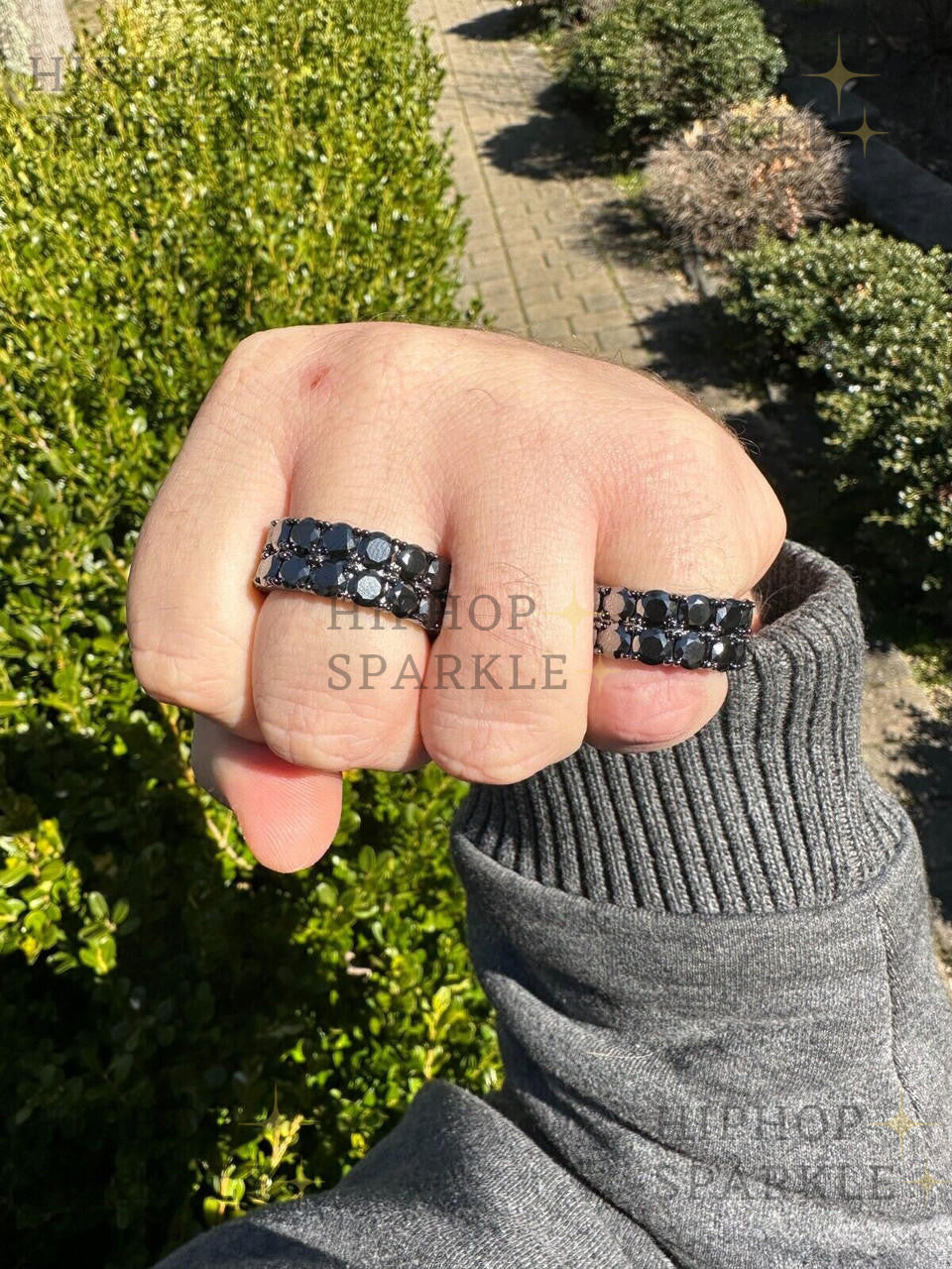 Bold Black Moissanite Double Row Eternity Ring – 925 Silver Oxidized Rhodium Finish