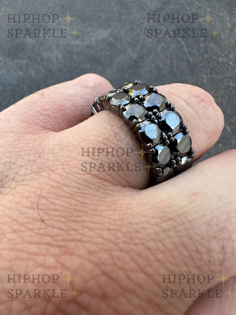 Bold Black Moissanite Double Row Eternity Ring – 925 Silver Oxidized Rhodium Finish