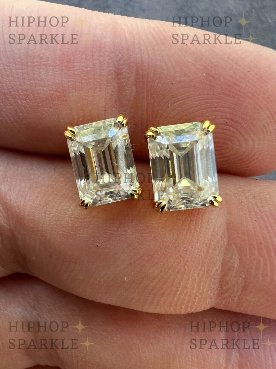 Moissanite Emerald Cut Square Solitaire Stud Earrings - 14k Gold Vermeil & 925 Silver