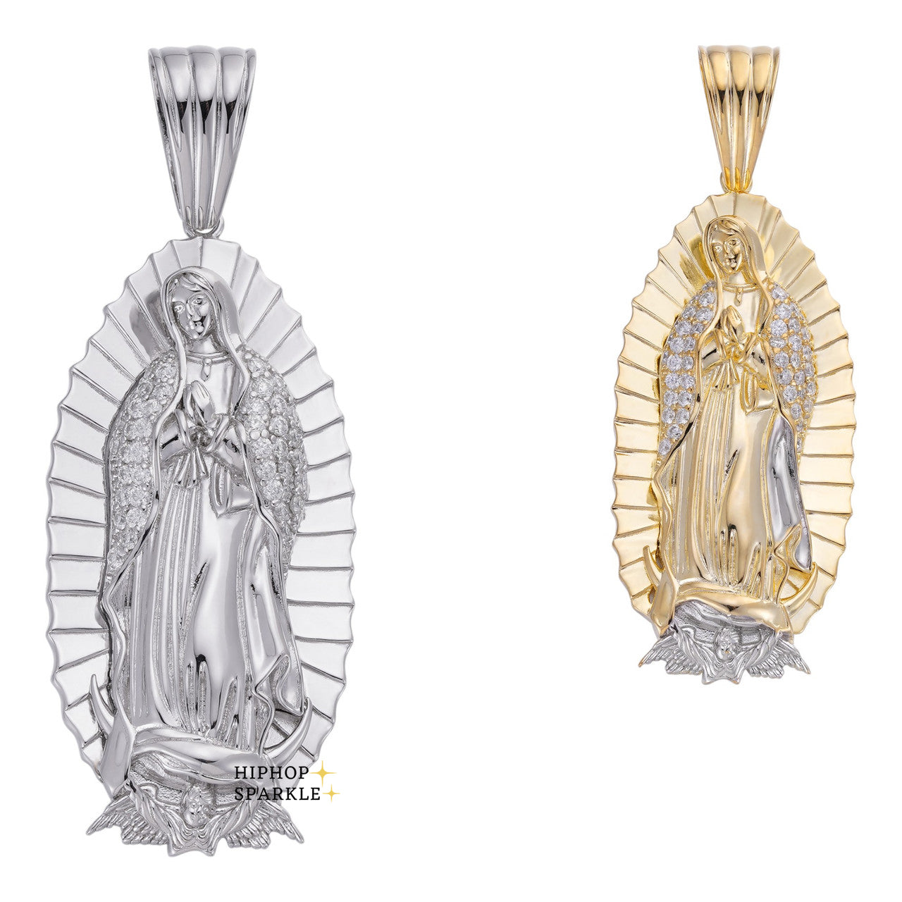 Moissanite Virgin Mary Pendant - 14k Gold Vermeil & 925 Silver, medium 2.5"