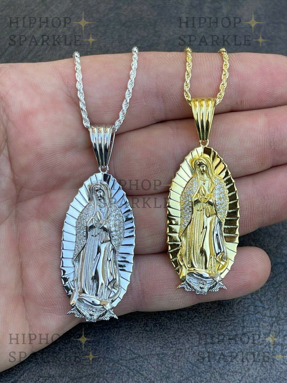 Moissanite Virgin Mary Pendant - 14k Gold Vermeil & 925 Silver, medium 2.5"