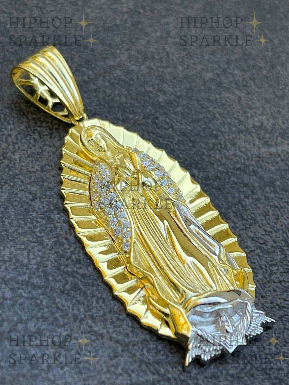 Moissanite Virgin Mary Pendant - 14k Gold Vermeil & 925 Silver, medium 2.5"