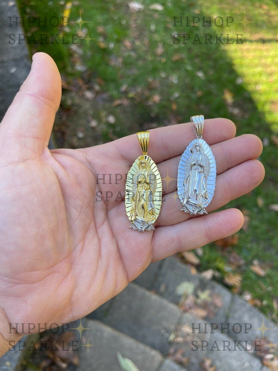 Moissanite Virgin Mary Pendant - 14k Gold Vermeil & 925 Silver, medium 2.5"