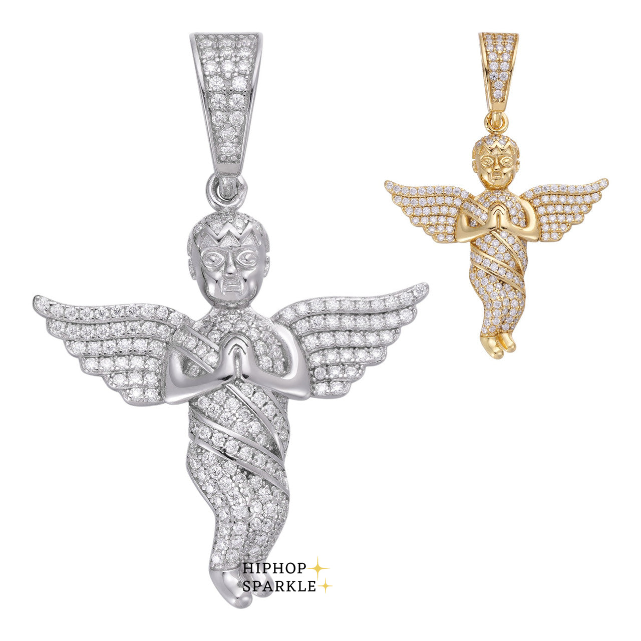 Glamorous Moissanite Praying Baby Angel Pendant – 14k Yellow Gold Vermeil or 925 Silver