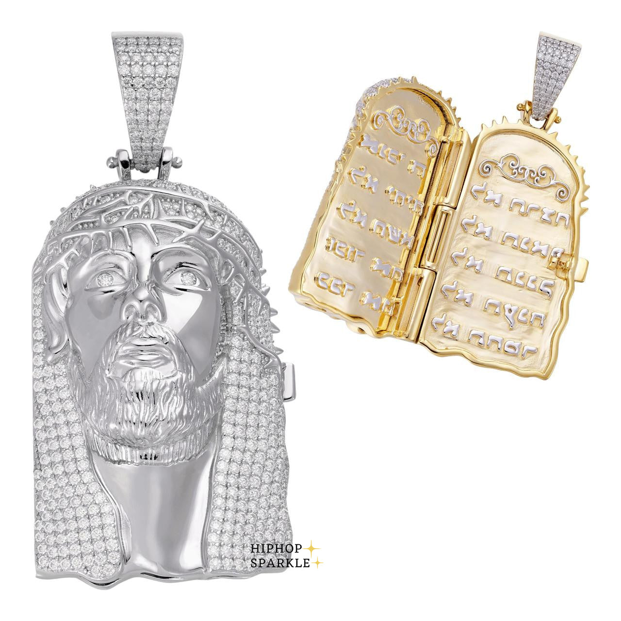 Moissanite Hip Hop Jesus Piece Opens Up Ten Commandments - 14k Yellow Gold Vermeil & 925 Silver